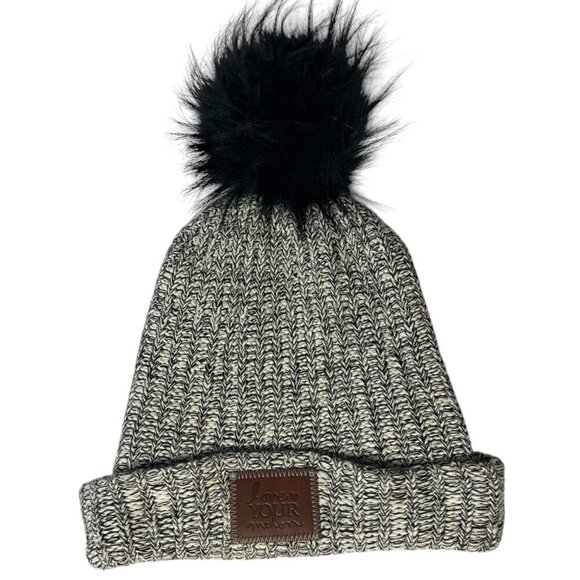 Love Your Melon Aztec Black Grey Natural Pom Beanie Comfy Hat‎ Cotton - Picture 1 of 5